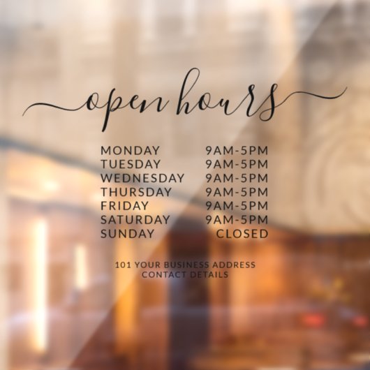 Black Business Opening Uours Elegant Script Sign Raamsticker (Vel 2)
