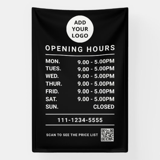 Black Business Openingstijden logo en QR-code Spandoek (Verticaal)