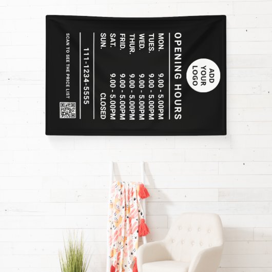 Black Business Openingstijden logo en QR-code Spandoek (Insitu)
