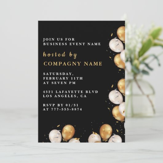 Black Business-party nodigt uit tot Gold Balloon Kaart (Staand voorkant)