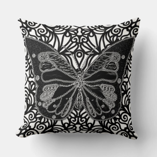 Black Butterfly Black & White Swirls Pillow Kussen (Voorkant)