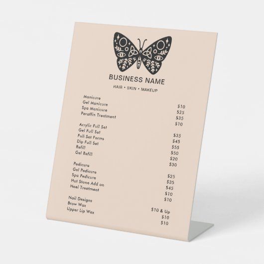 Black Butterfly Logo & Blush Pink Service Prijs Reclamebord Met Voetstuk (Voorkant)