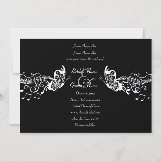 Black Butterfly Music Fidelity Wedding Invitations Kaart (Voorkant)