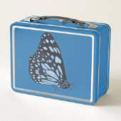 Black butterfly with blue spots, metal lunch boxes (Achterkant)