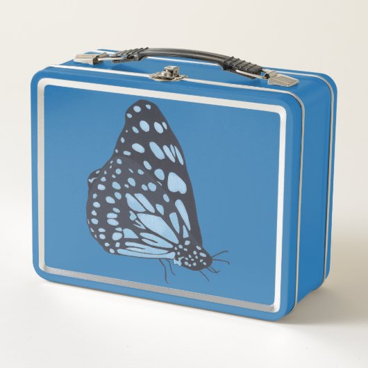 Black butterfly with blue spots, metal lunch boxes (Voorkant)