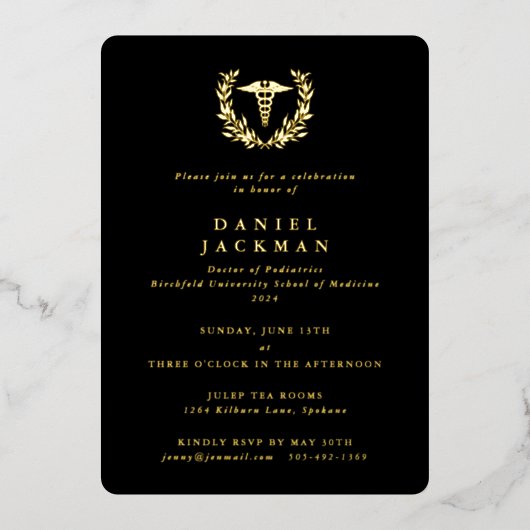 Black Caduceus + Laurel Medical School Afstuderen Folie Uitnodiging (Voorkant)