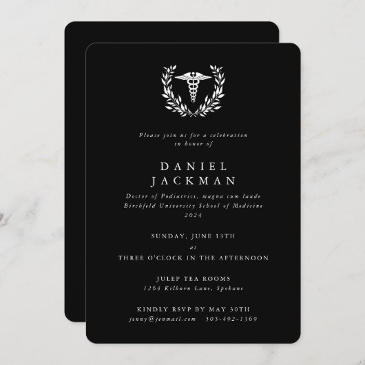 Black Caduceus+Laurel Medical School Afstuderen Kaart (Voorkant / Achterkant)