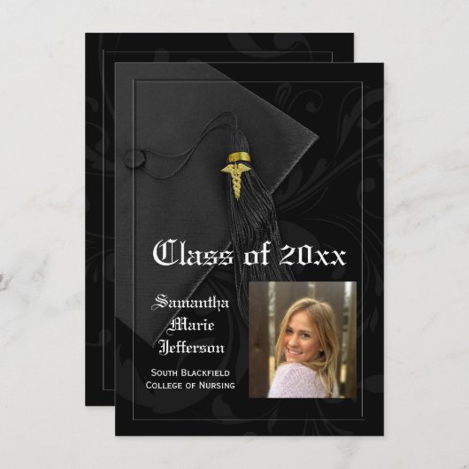 Black Caduceus Medical of Nursing Photo Afstuderen Kaart (Voorkant / Achterkant)