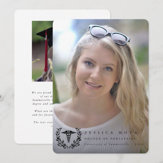 Black Caduceus Medical School 2 Foto Afstuderen Aankondiging (Voorkant / Achterkant)