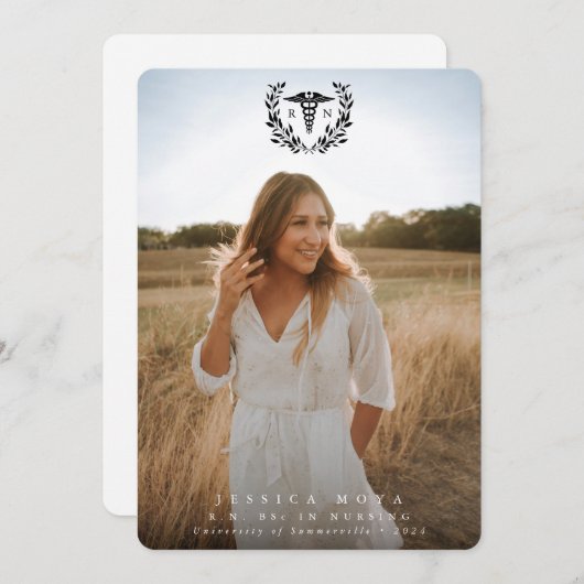 Black Caduceus RN Registered Nurse Afstuderen Aankondiging (Voorkant / Achterkant)