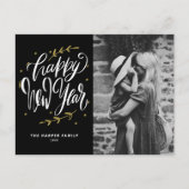 Black Calligraphy and Wreath New Year Photo Feestdagenkaart (Voorkant)