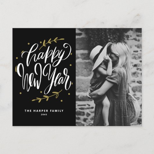 Black Calligraphy and Wreath New Year Photo Feestdagenkaart (Voorkant)