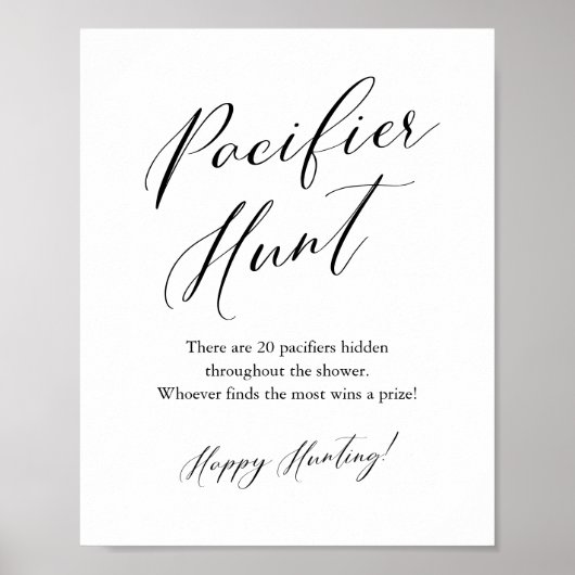 Black Calligraphy Pacifier Hunt Baby shower Game Poster (Voorkant)