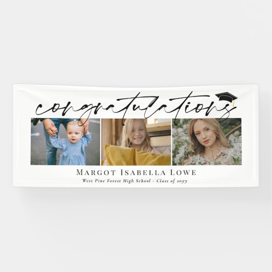 Black Calligraphy Photo Afstuderen Gefeliciteerd Spandoek (Horizontaal)
