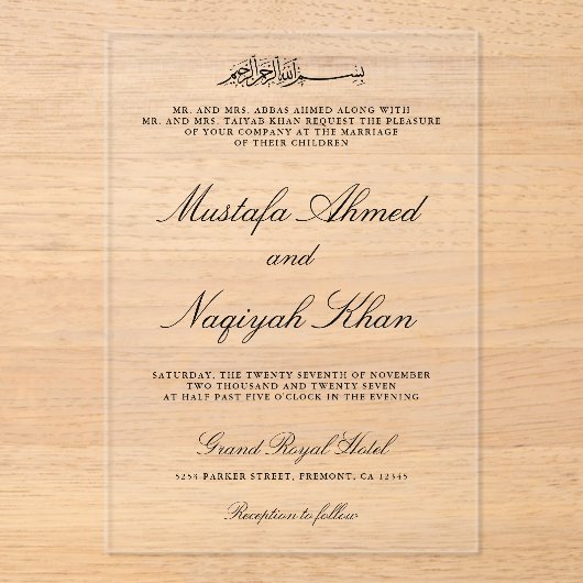 Black Calligraphy Script Muslim Wedding Acryl Uitnodigingen (Voorkant)