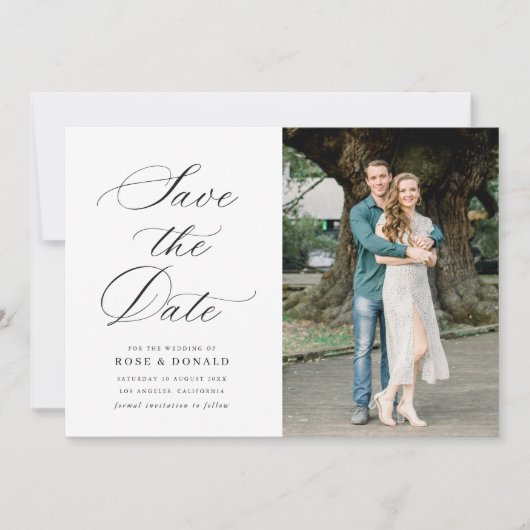 Black calligraphy script wedding save the date kaart (Voorkant)