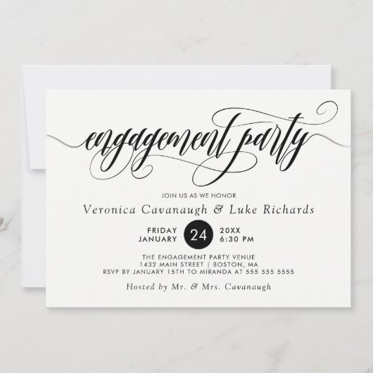 Black Calligraphy Swirls Engagement Party Kaart (Voorkant)
