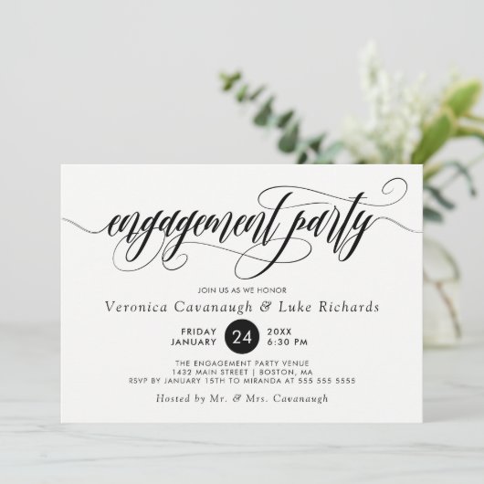 Black Calligraphy Swirls Engagement Party Kaart (Staand voorkant)