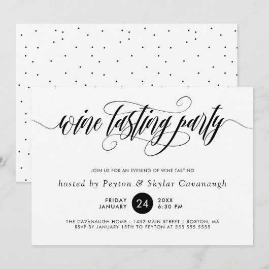 Black Calligraphy Swirls Wine Tasting Party Kaart (Voorkant / Achterkant)