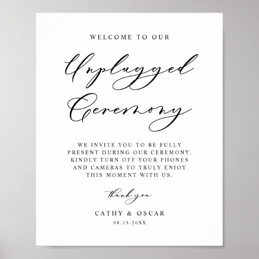 Black Calligraphy Unplugged Wedding Ceremony Poster (Voorkant)