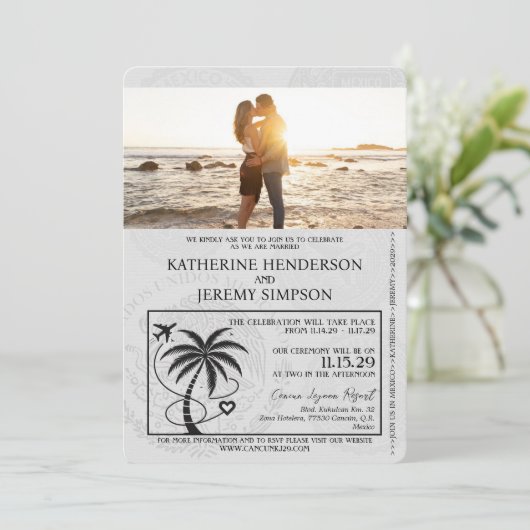 Black Cancun Passport Wedding Kaart (Staand voorkant)