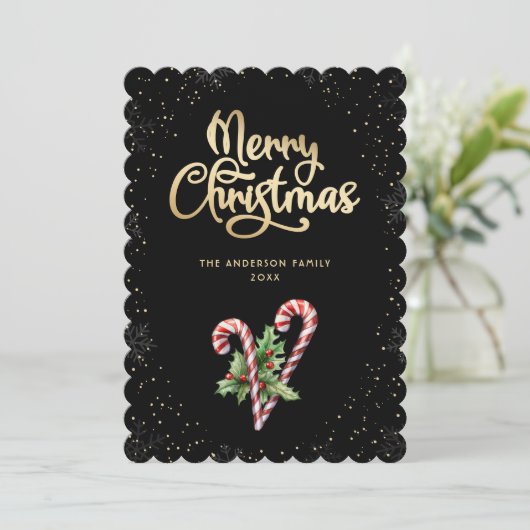 Black Candy Cane Holly Berries Christmas Feestdagenkaart (Staand voorkant)