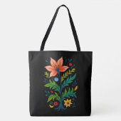 Black Canvas Folk Art Flower Tree Dark Boho Tote Bag (Voorkant)
