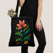 Black Canvas Folk Art Flower Tree Dark Boho Tote Bag (Dichtbij)
