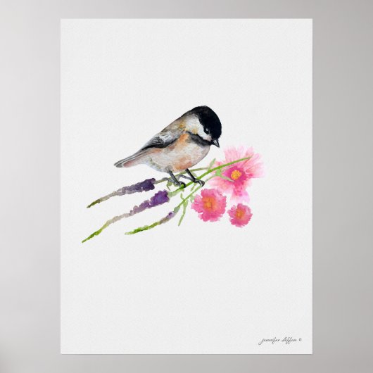 Black Capped Sweet Chickadee Watercolor Artwork Poster (Voorkant)
