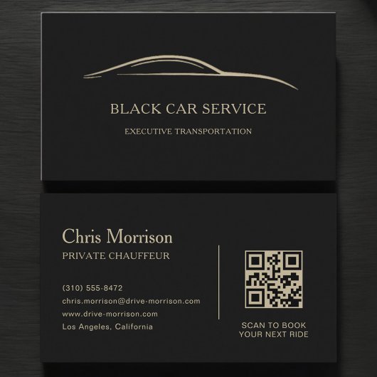 Black Car Service QR Code Black & Gold Visitekaartje
