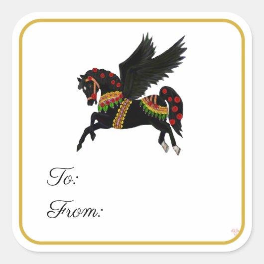 Black Carousel Pegasus Gift Label Sticker (Voorkant)