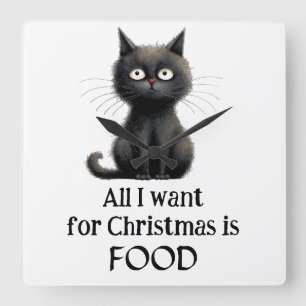 Black Cat Alles wat ik wil voor Kerstmis is eten Vierkante Klok