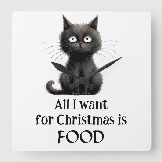Black Cat Alles wat ik wil voor Kerstmis is eten Vierkante Klok (Voorkant)