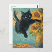 Black Cat and a Vase of Sunflowers Briefkaart (Voorkant / Achterkant)