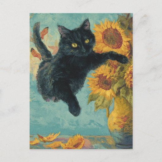Black Cat and a Vase of Sunflowers Briefkaart (Voorkant)