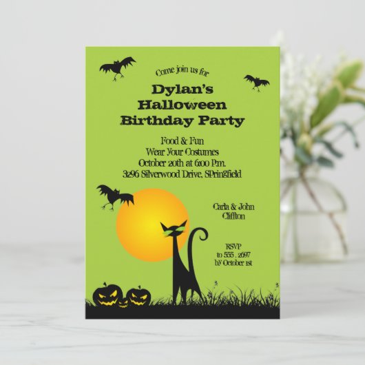 Black Cat and Bats Halloween Invitations (Staand voorkant)