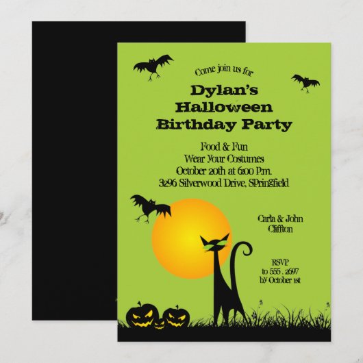 Black Cat and Bats Halloween Invitations (Voorkant / Achterkant)