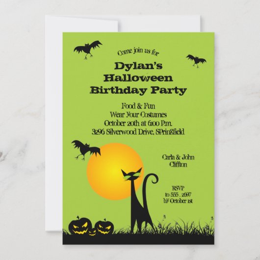 Black Cat and Bats Halloween Invitations Kaart (Voorkant)