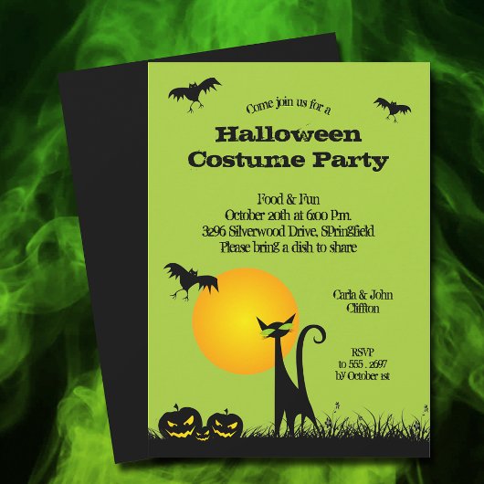 Black Cat and Bats Halloween Invitations Kaart