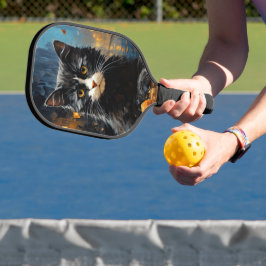 Black Cat and Cafe Terrace at Night Pickleball Paddle