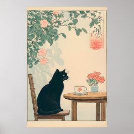 Black Cat And Coffee Print Ukiyo-e Japandi Art