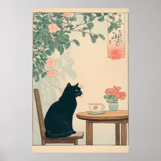 Black Cat And Coffee Print Ukiyo-e Japandi Art (Voorkant)