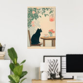 Black Cat And Coffee Print Ukiyo-e Japandi Art (Thuiskantoor)