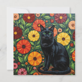 Black Cat and Colorful Folk Art Flowers