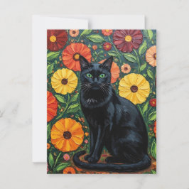 Black Cat and Colorful Folk Art Flowers Briefkaart