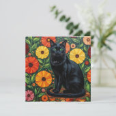 Black Cat and Colorful Folk Art Flowers Kaart (Staand voorkant)
