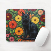 Black Cat and Colorful Folk Art Flowers Muismat (Met muis)