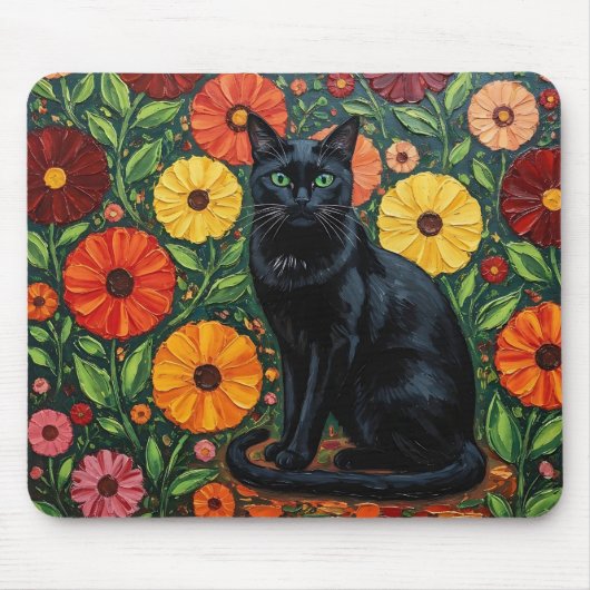 Black Cat and Colorful Folk Art Flowers Muismat (Voorkant)