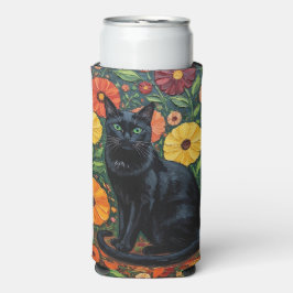 Black Cat and Colorful Folk Art Flowers Seltzer Blikjeskoeler
