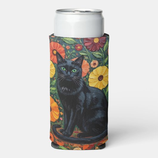 Black Cat and Colorful Folk Art Flowers Seltzer Blikjeskoeler (Seltzer Voorkant)